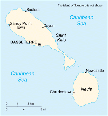 Map of Nevis and St. Kitts